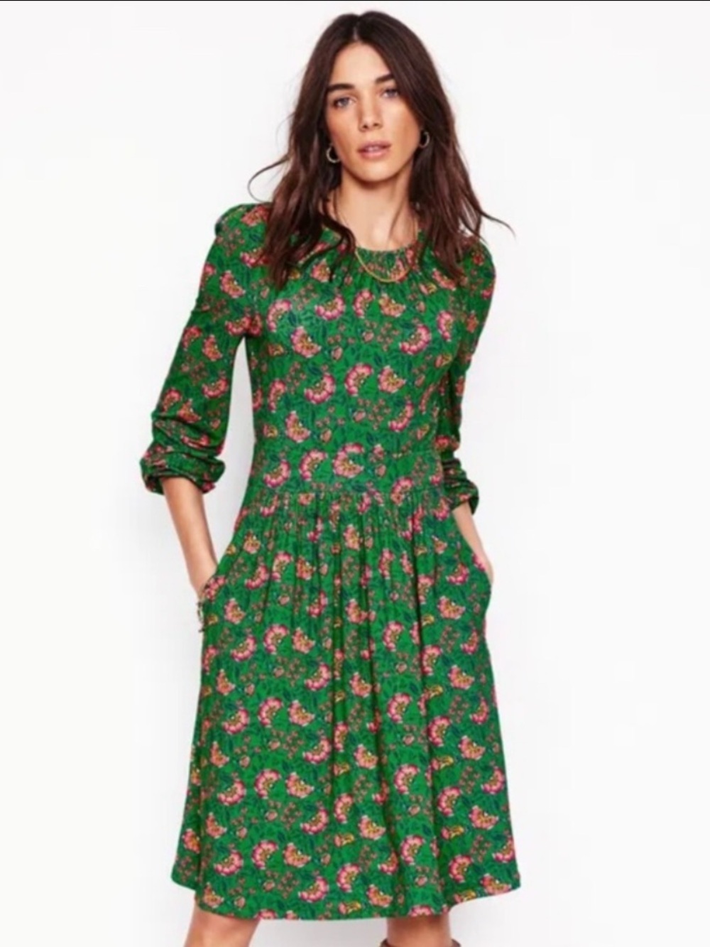 Boden ALEXANDRA Blouson Jersey Dress Green Pink Floral Puff Sleeve Mini Dress 6